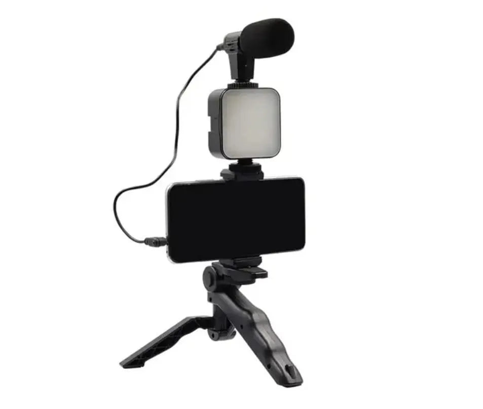 Portable tripod stand black adjustable phone holder, lightweight mobile stand for video recording photography and content creation use