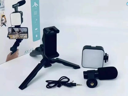 Portable tripod stand black adjustable phone holder, lightweight mobile stand for video recording photography and content creation use