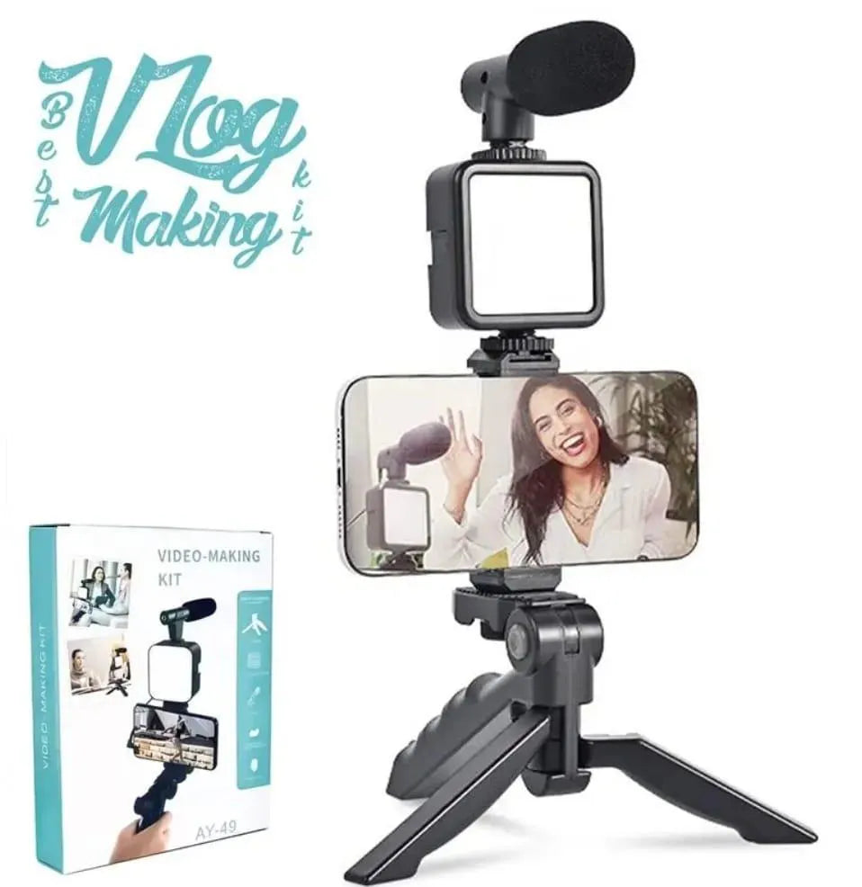 Portable tripod stand black adjustable phone holder, lightweight mobile stand for video recording photography and content creation use