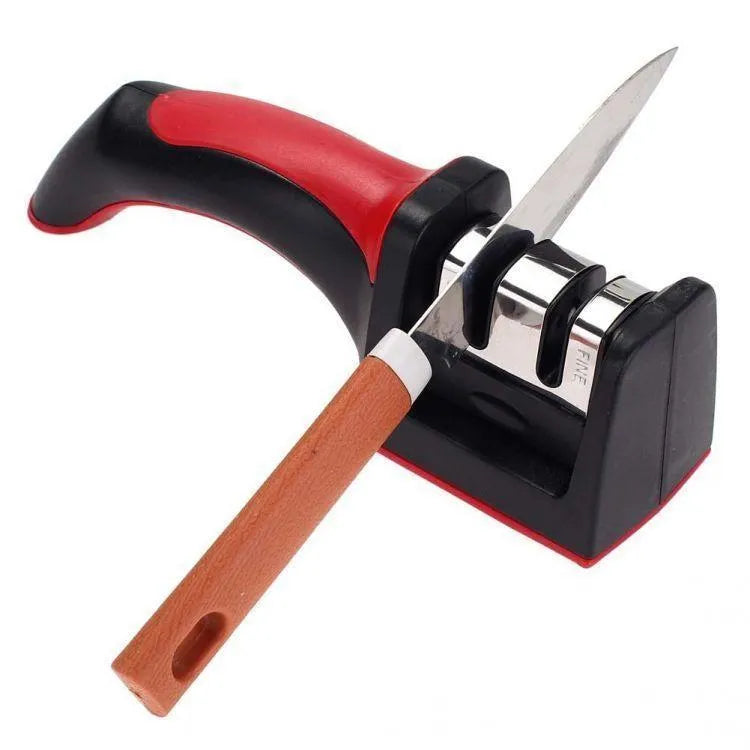 3 stage knife sharpener with handle red kitchen tool, manual blade sharpening system for home use, durable and easy grip design