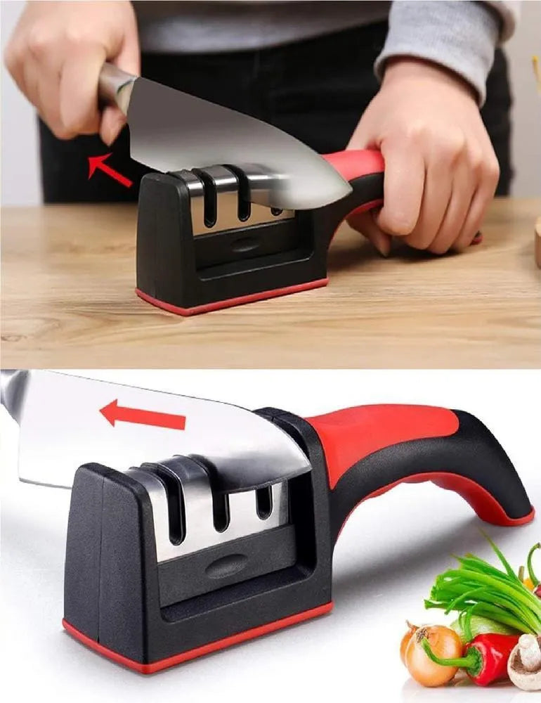 3 stage knife sharpener with handle red kitchen tool, manual blade sharpening system for home use, durable and easy grip design
