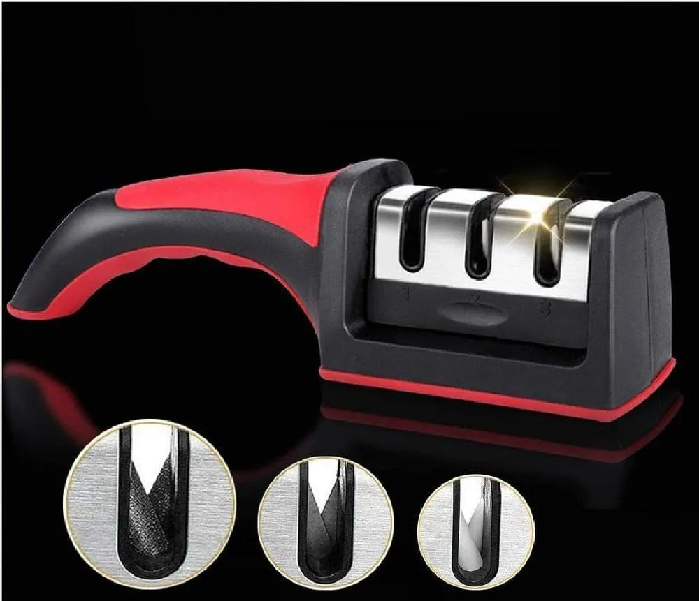 3 stage knife sharpener with handle red kitchen tool, manual blade sharpening system for home use, durable and easy grip design