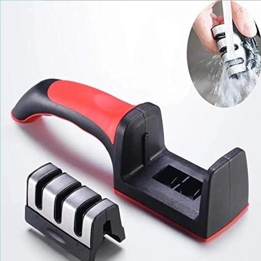 3 stage knife sharpener with handle red kitchen tool, manual blade sharpening system for home use, durable and easy grip design