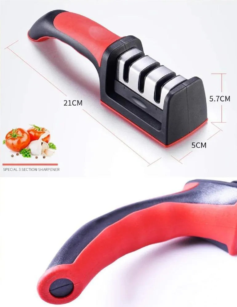 3 stage knife sharpener with handle red kitchen tool, manual blade sharpening system for home use, durable and easy grip design