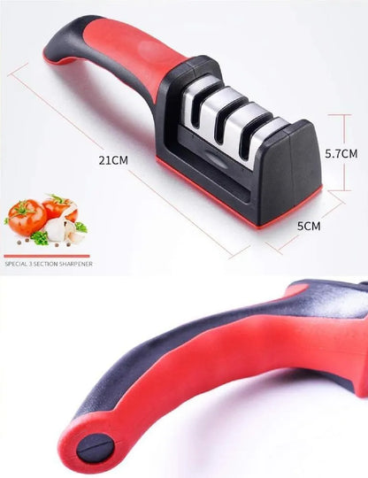 3 stage knife sharpener with handle red kitchen tool, manual blade sharpening system for home use, durable and easy grip design