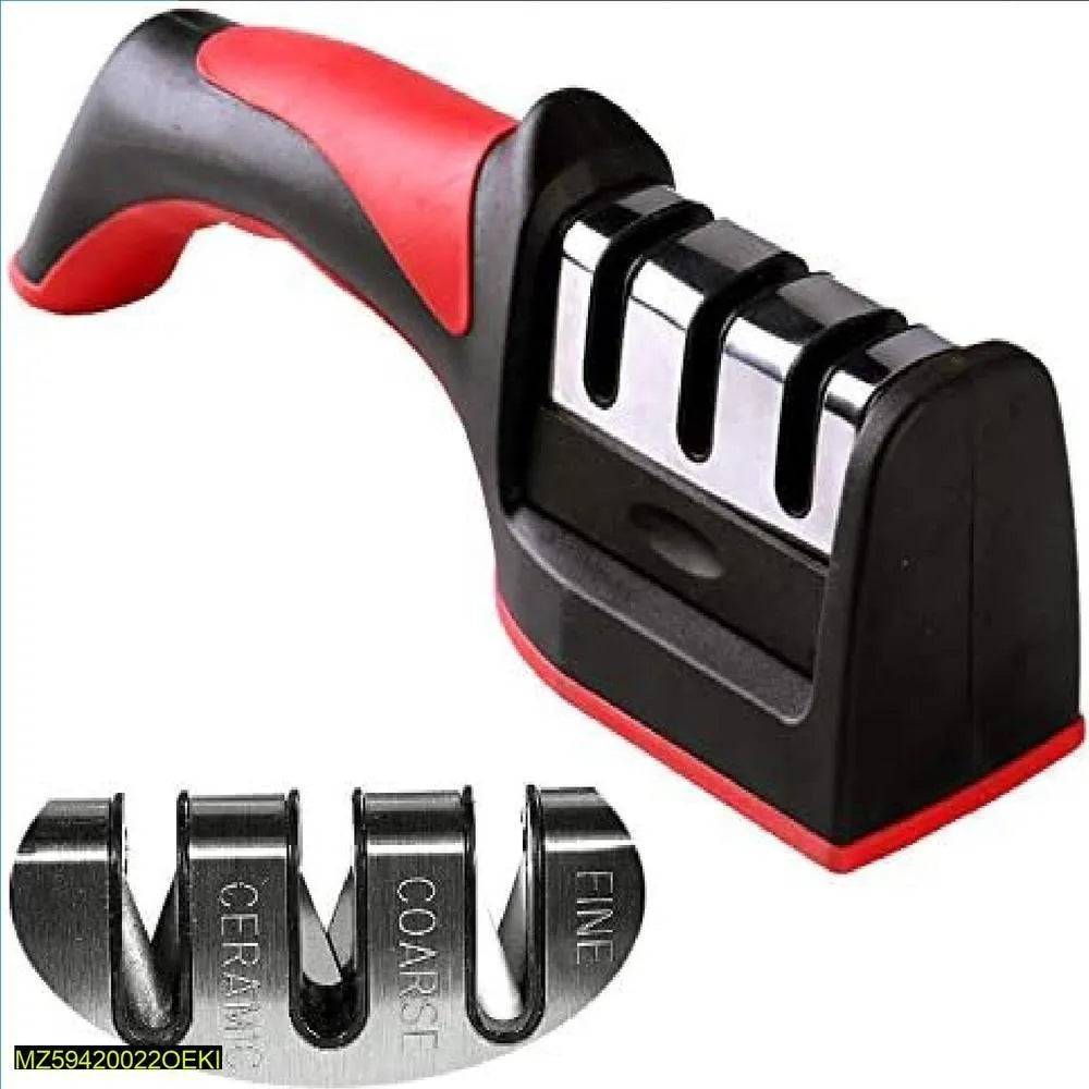 3 stage knife sharpener with handle red kitchen tool, manual blade sharpening system for home use, durable and easy grip design