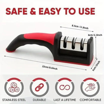 3 stage knife sharpener with handle red kitchen tool, manual blade sharpening system for home use, durable and easy grip design