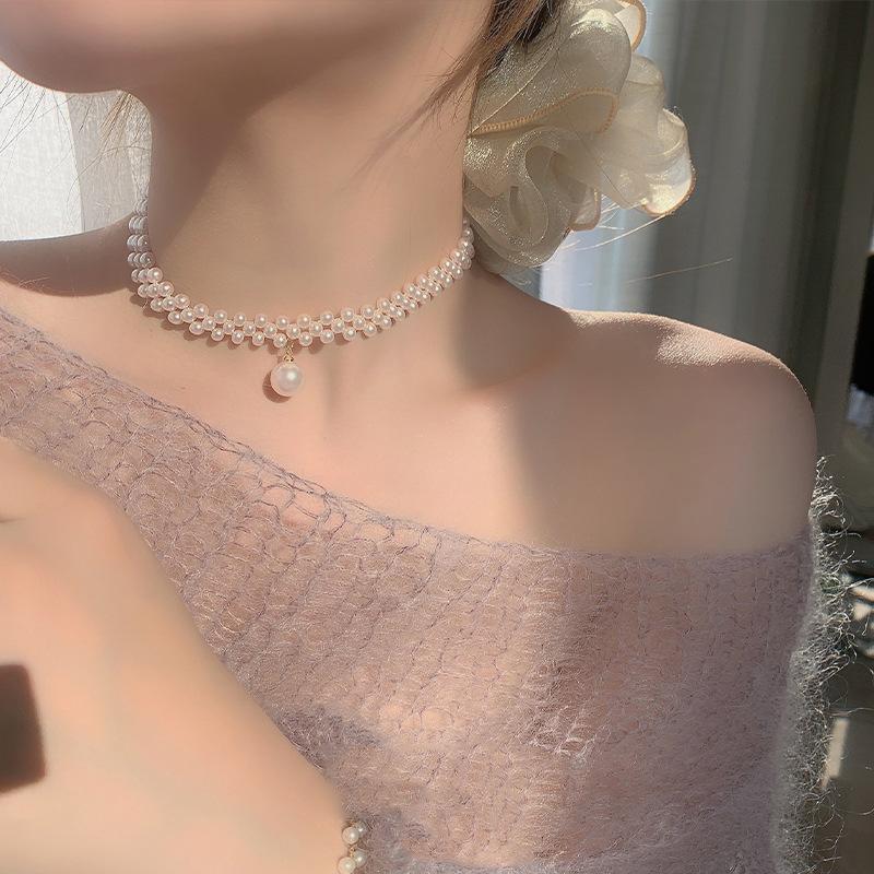 White pearl choker necklace with rhinestones by SwiftMart for women