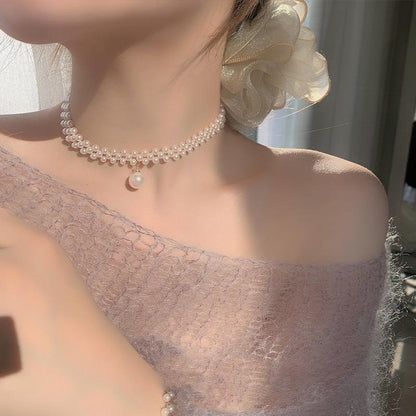 White pearl choker necklace with rhinestones by SwiftMart for women