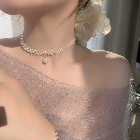 White pearl choker necklace with rhinestones by SwiftMart for women