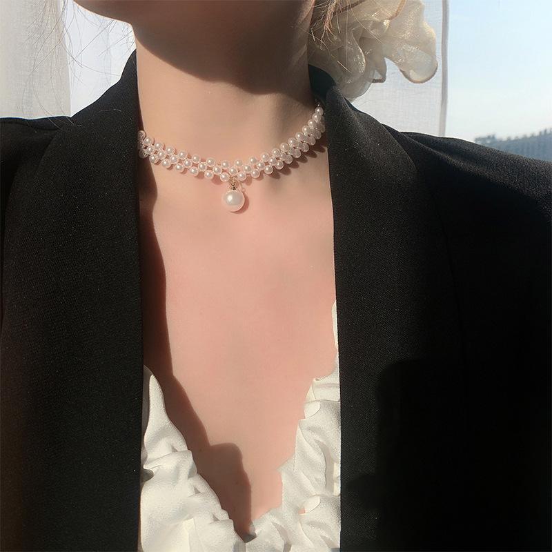 White pearl choker necklace with rhinestones by SwiftMart for women