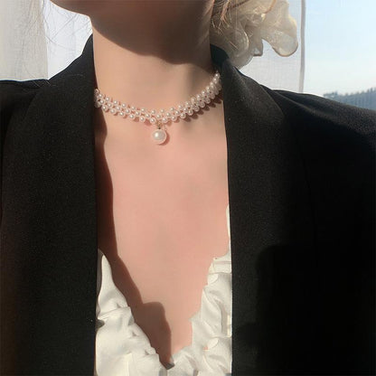 White pearl choker necklace with rhinestones by SwiftMart for women