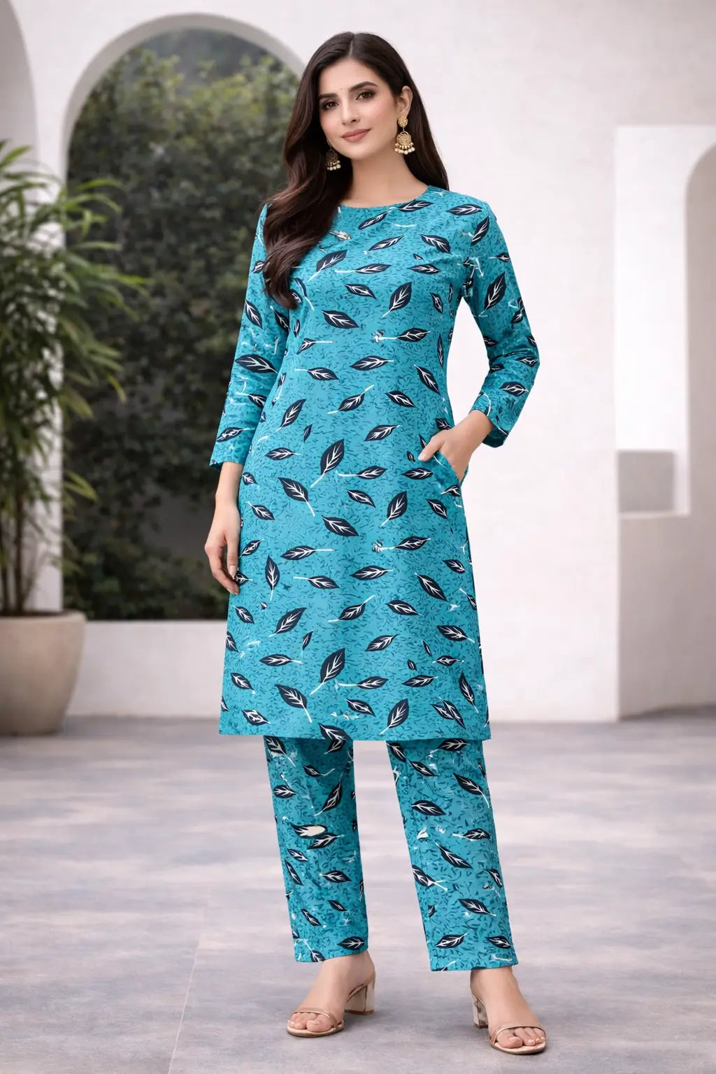Aqua teal polo cotton 2 piece printed suit for women casual wear soft breathable fabric matching shirt and trouser set