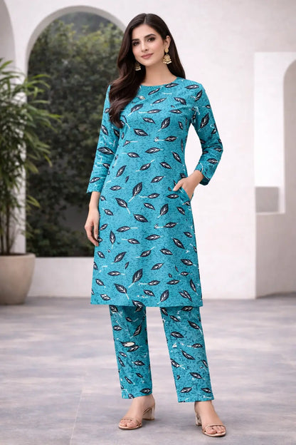 Aqua teal polo cotton 2 piece printed suit for women casual wear soft breathable fabric matching shirt and trouser set
