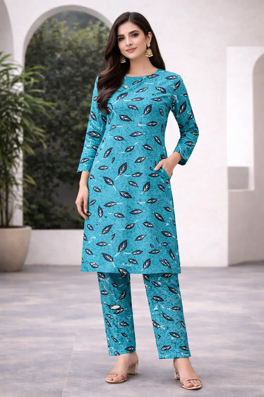 Aqua teal polo cotton 2 piece printed suit for women casual wear soft breathable fabric matching shirt and trouser set