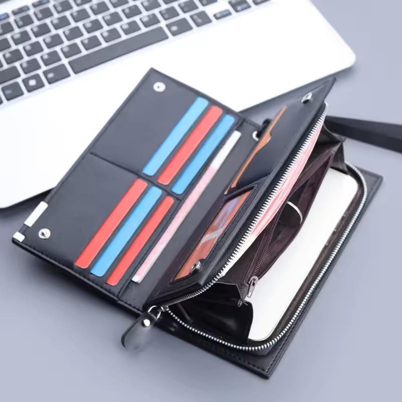 PU leather long wallet unisex with wrist strap, stylish multicolor wallet for men and women for daily use office and travel