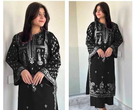 Black embroidered Dhanak 2 piece suit for women elegant winter outfit with detailed embroidery comfortable fabric