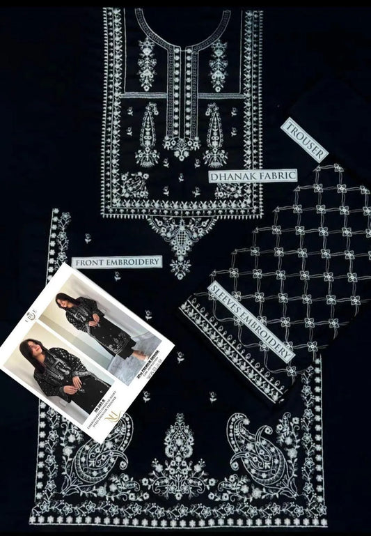 Black embroidered Dhanak 2 piece suit for women elegant winter outfit with detailed embroidery comfortable fabric