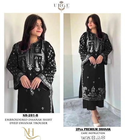 Black embroidered Dhanak 2 piece suit for women elegant winter outfit with detailed embroidery comfortable fabric