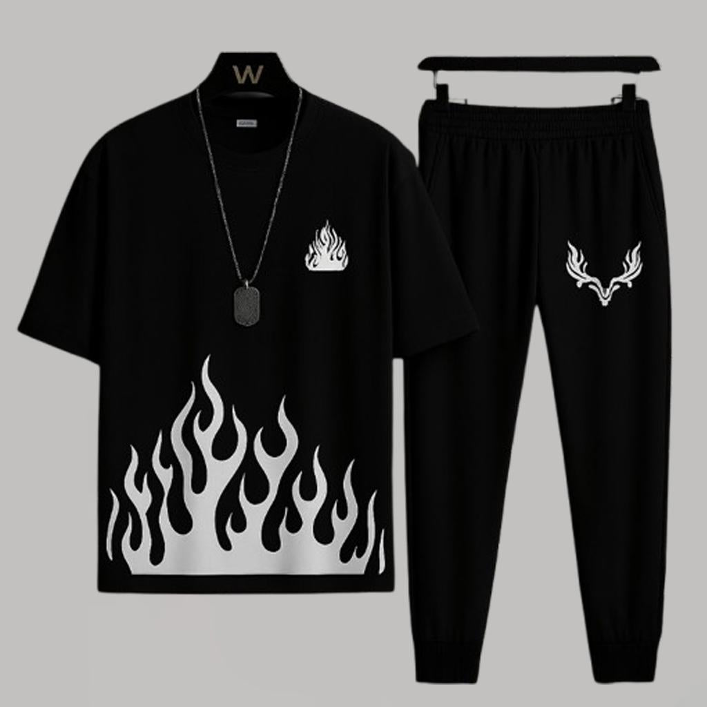Men black micro fabric 2pc tracksuit with flame style design for Eid casual wear travel and daily summer use in Pakistan