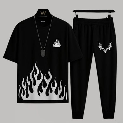 Men black micro fabric 2pc tracksuit with flame style design for Eid casual wear travel and daily summer use in Pakistan