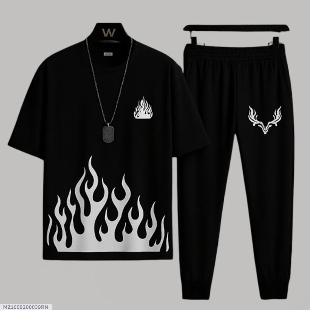 Men black micro fabric 2pc tracksuit with flame style design for Eid casual wear travel and daily summer use in Pakistan