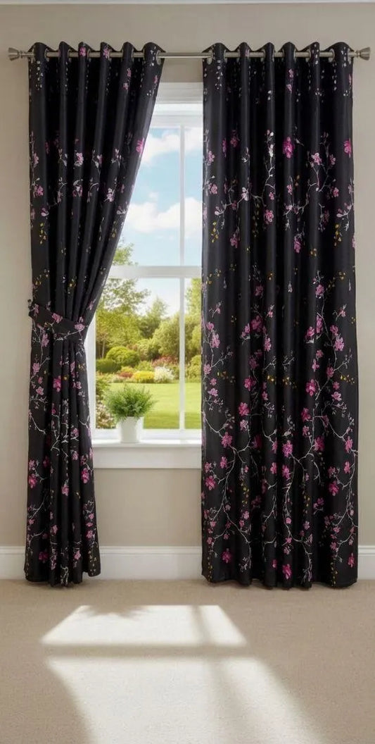 Black floral cotton curtains 2 pcs set 60x100 inch panels, pink print curtains for bedroom living room home decor use