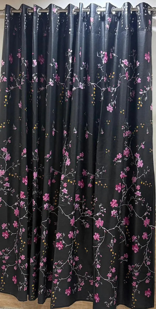 Black floral cotton curtains 2 pcs set 60x100 inch panels, pink print curtains for bedroom living room home decor use