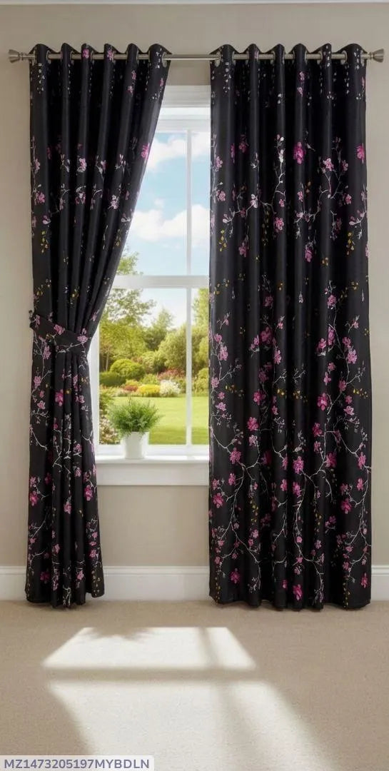 Black floral cotton curtains 2 pcs set 60x100 inch panels, pink print curtains for bedroom living room home decor use