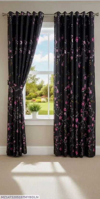 Black floral cotton curtains 2 pcs set 60x100 inch panels, pink print curtains for bedroom living room home decor use