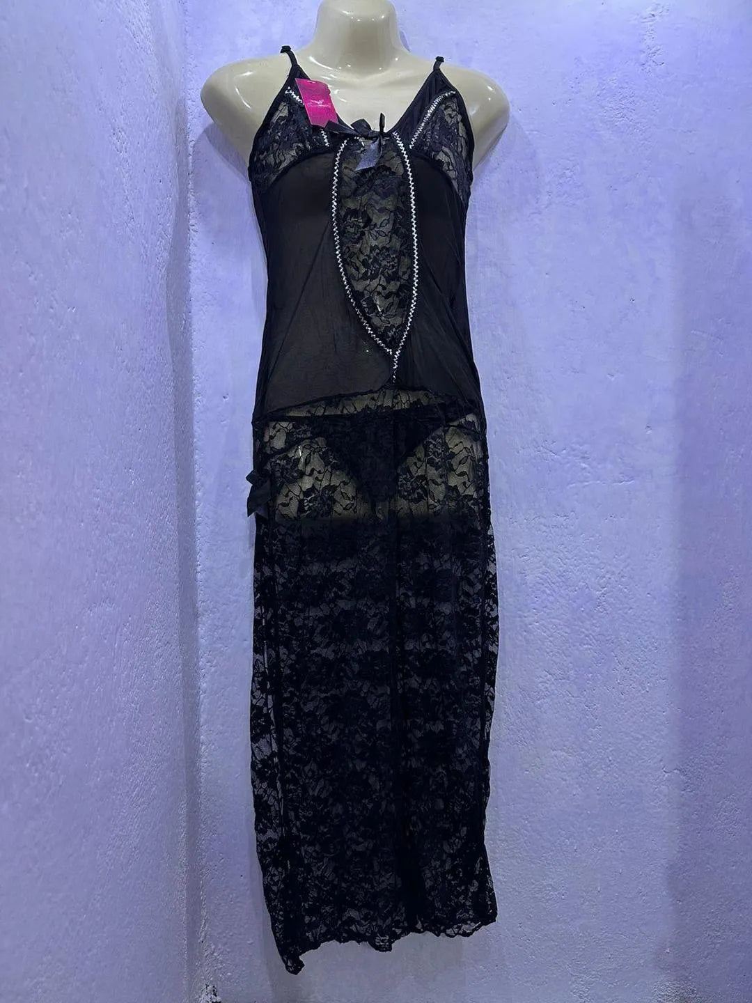 Black lace babydoll nightgown with matching panty lightweight breathable nylon mesh sleepwear with adjustable straps for bridal and night use