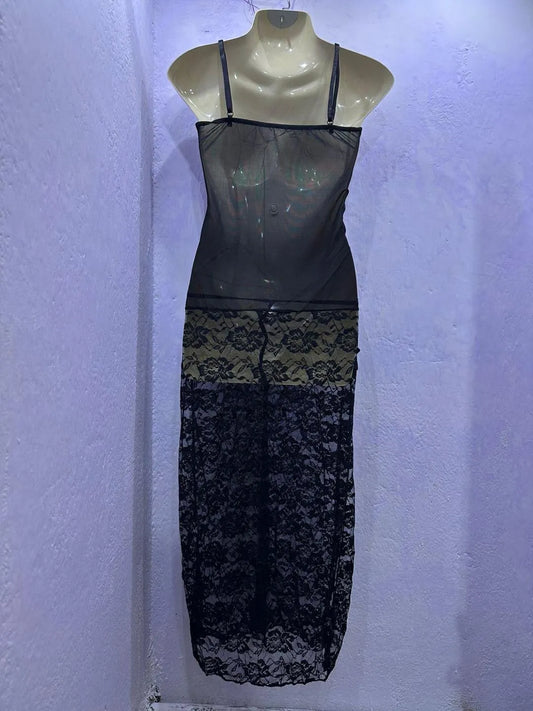 Black lace babydoll nightgown with matching panty lightweight breathable nylon mesh sleepwear with adjustable straps for bridal and night use