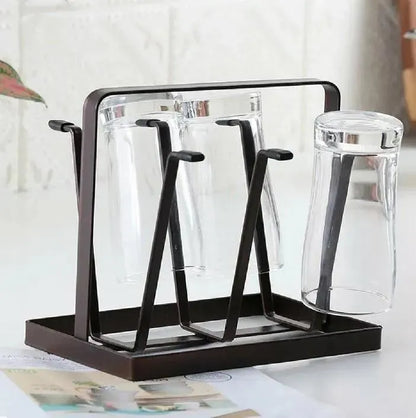 Black metal glass holder for kitchen counter, space saving organizer for storing multiple glasses, ideal for home, tea serving and gatherings