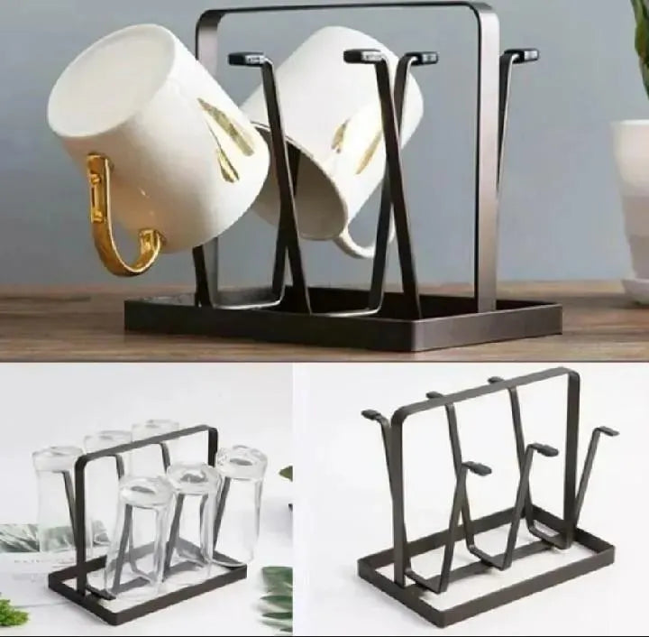 Black metal glass holder for kitchen counter, space saving organizer for storing multiple glasses, ideal for home, tea serving and gatherings