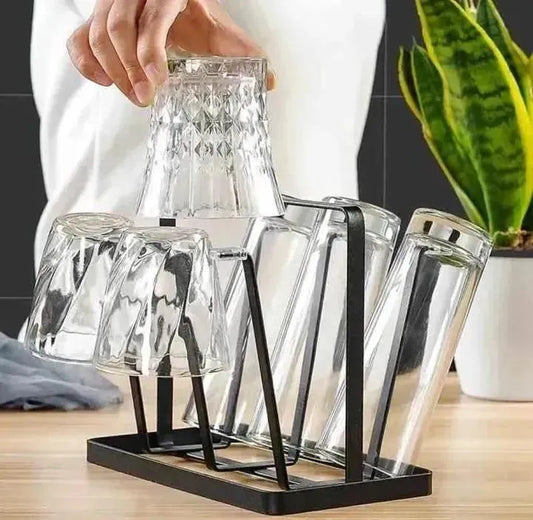 Black metal glass holder for kitchen counter, space saving organizer for storing multiple glasses, ideal for home, tea serving and gatherings