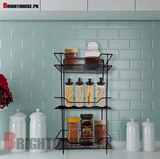 3 tier metal kitchen rack black wall organizer for spices snacks and storage, space saving shelf for kitchen bathroom and home use