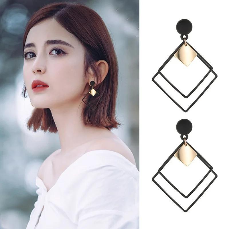 Swift Mart square design earrings black gold alloy studs women fashion