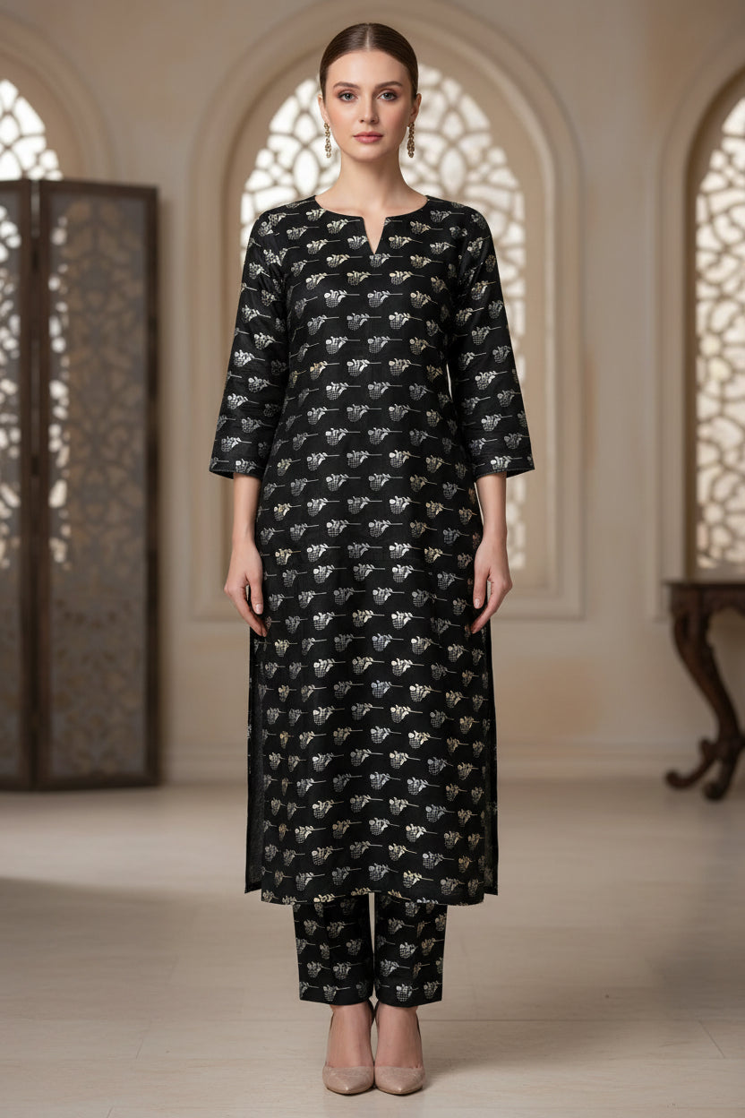 Black printed polo cotton 2 piece suit for women with matching shirt and trouser soft breathable casual summer outfit