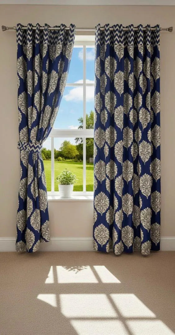 Blue damask cotton curtains 2 pcs set 60x102 inch panels, navy white printed curtains for bedroom living room home decor use