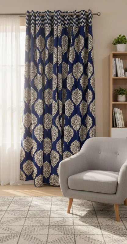 Blue damask cotton curtains 2 pcs set 60x102 inch panels, navy white printed curtains for bedroom living room home decor use