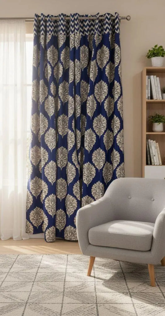 Blue damask cotton curtains 2 pcs set 60x102 inch panels, navy white printed curtains for bedroom living room home decor use