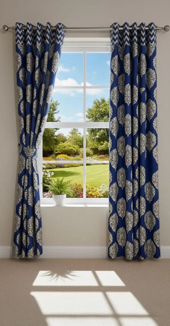 Blue damask cotton curtains 2 pcs set 60x102 inch panels, navy white printed curtains for bedroom living room home decor use