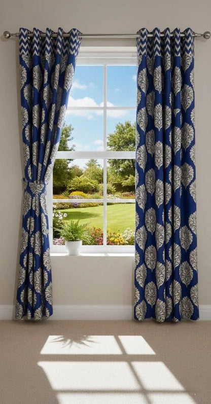 Blue damask cotton curtains 2 pcs set 60x102 inch panels, navy white printed curtains for bedroom living room home decor use