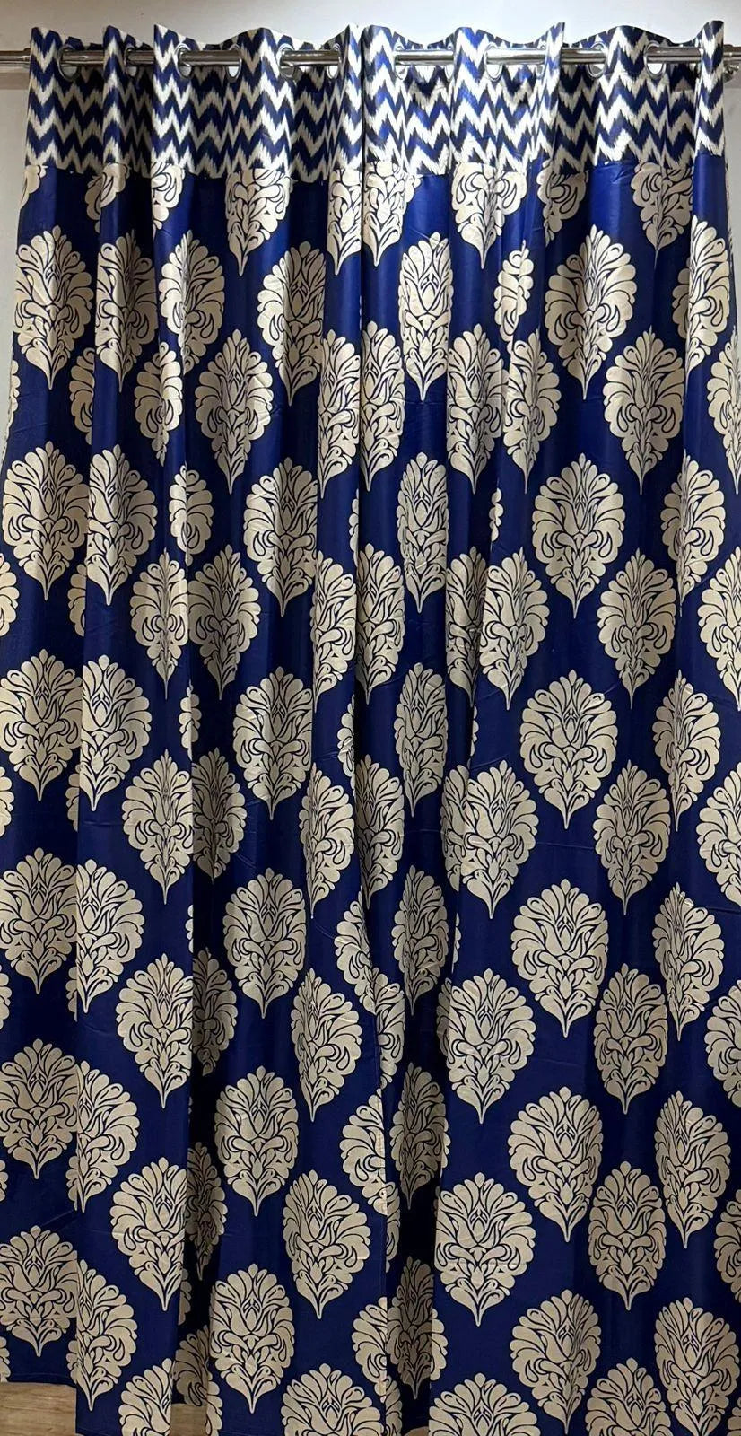 Blue damask cotton curtains 2 pcs set 60x102 inch panels, navy white printed curtains for bedroom living room home decor use