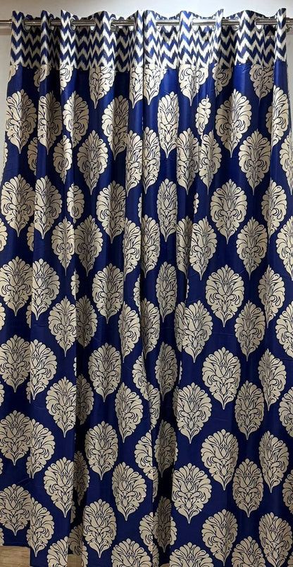 Blue damask cotton curtains 2 pcs set 60x102 inch panels, navy white printed curtains for bedroom living room home decor use