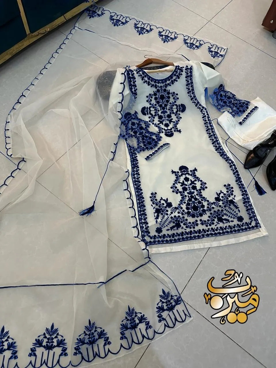 Blue organza embroidered 3 piece suit for women with dupatta and trouser elegant wedding festive wear outfit