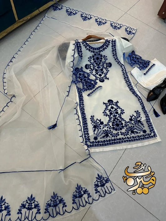 Blue organza embroidered 3 piece suit for women with dupatta and trouser elegant wedding festive wear outfit