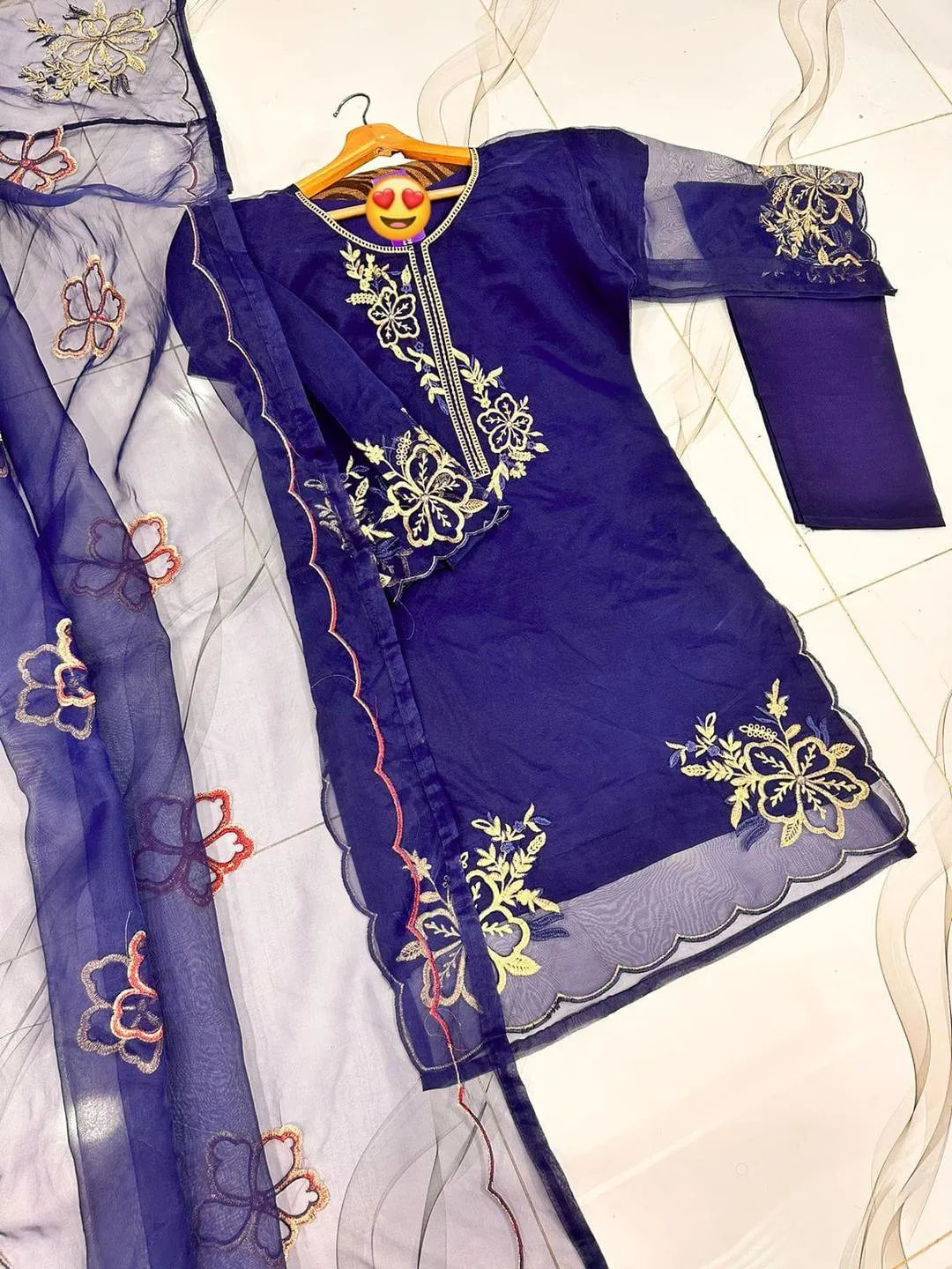 Blue organza embroidered 3 piece suit for women with dupatta and trouser elegant festive wear wedding outfit