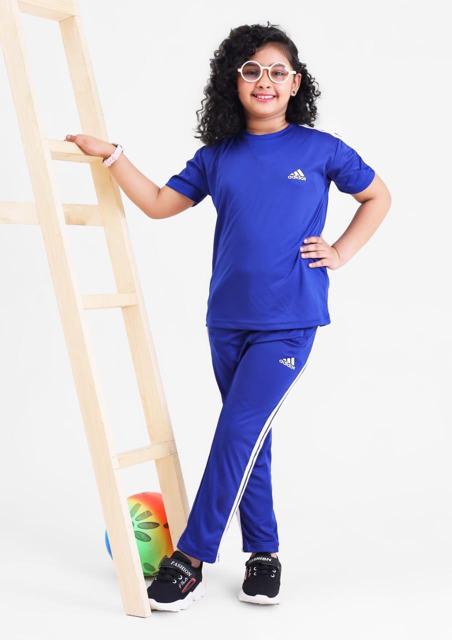 Kids blue micro fabric tracksuit with t shirt and trouser set, breathable summer outfit for boys and girls casual and daily wear