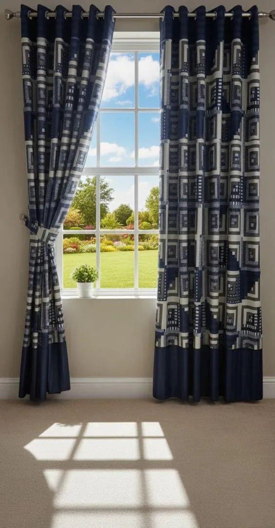 Blue printed cotton curtains 2 pcs set 60x102 inch panels, soft breathable curtains for bedroom living room modern home decor use